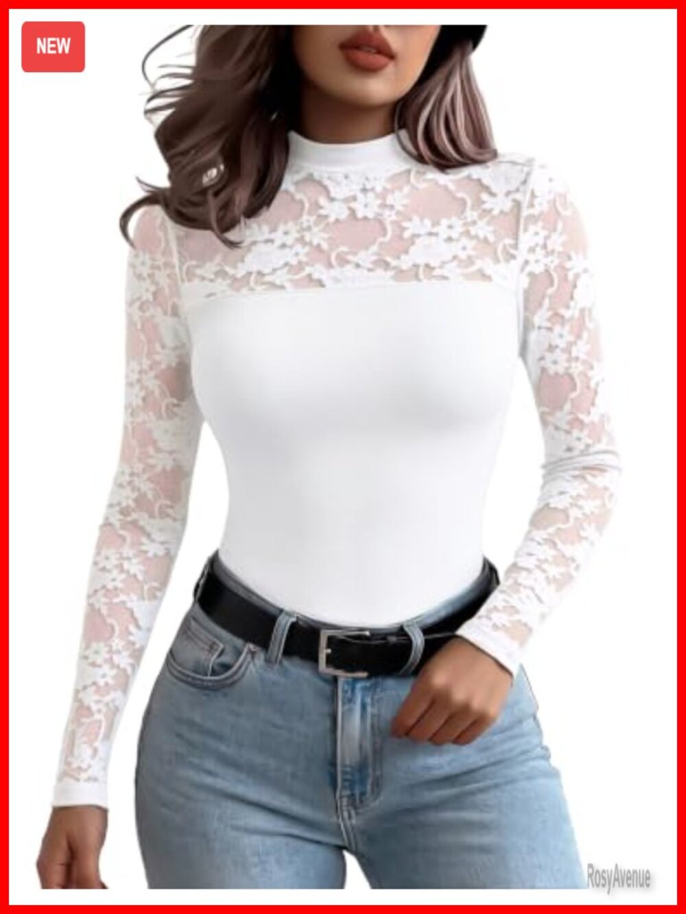 Lace Mesh Sheer Long Sleeve Blouse Crew Neck Fitted Top